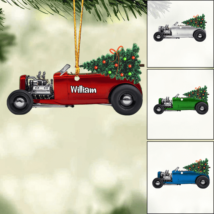 Personalized Hot Rod and Christmas Tree Acrylic Ornament, Custom Christmas Ornament Gifts For Classic Car Lovers