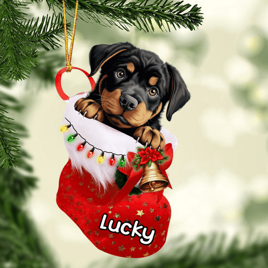 Customized Baby Rottweiler Dog In Christmas Stocking Acrylic Ornament, Christmas Gifts Ornament for Dog Lover