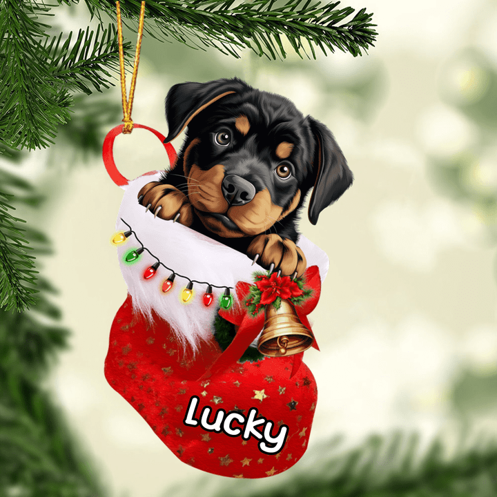 Customized Baby Rottweiler Dog In Christmas Stocking Acrylic Ornament, Christmas Gifts Ornament for Dog Lover