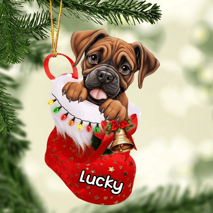 Personalized Boxer In Christmas Stocking Acrylic Ornament, Christmas Gifts Ornament for Dog Lover