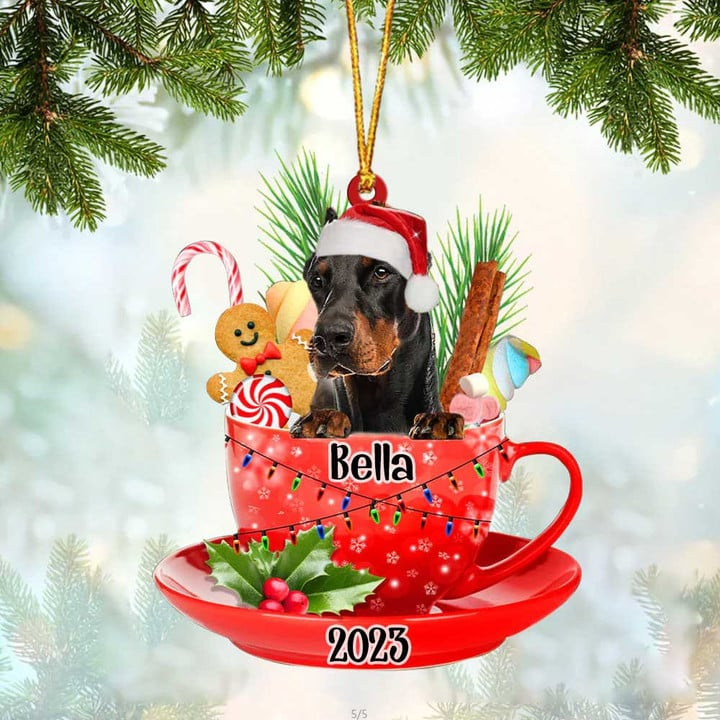 Customized Awesome Doberman Dog Santa Hat In Red Cup Acrylic Ornament, Christmas Ornament for Dog Lover