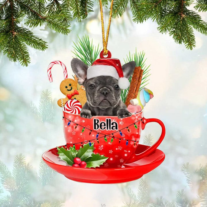 Customized Grey French Bulldog Dog Santa Hat In Red Cup Acrylic Ornament, Personalized Gifts For Christmas Dog Mom