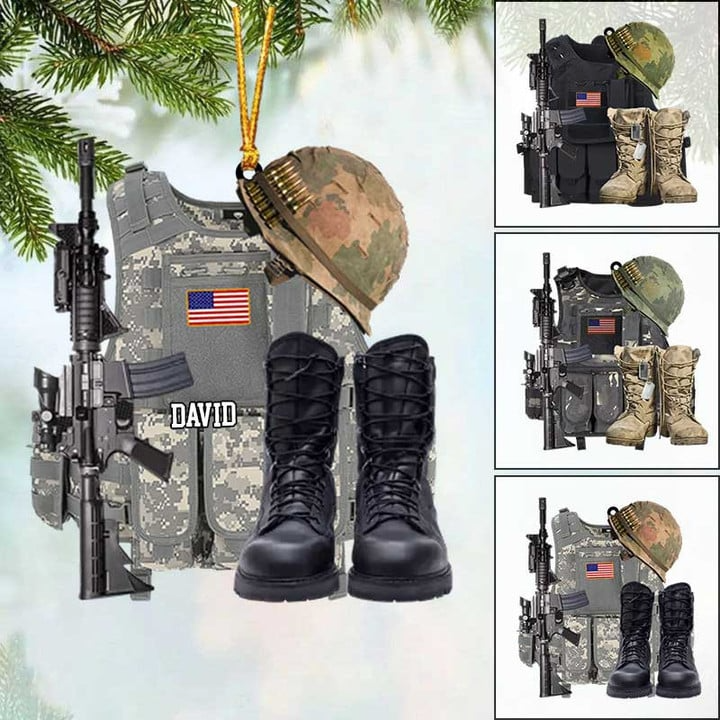 Personalized Veteran Bullet Proof Vest And Boots Acrylic Ornament, Custom Christmas Ornament Gifts For Veteran