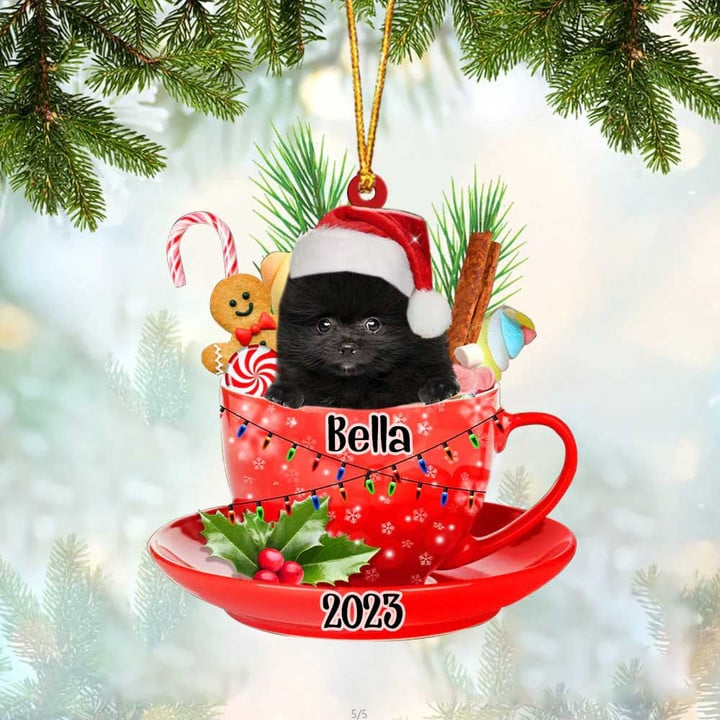 Customized Black Pomeranian Dog Santa Hat In Red Cup Acrylic Ornament, Custom Ornament Gift For Christmas