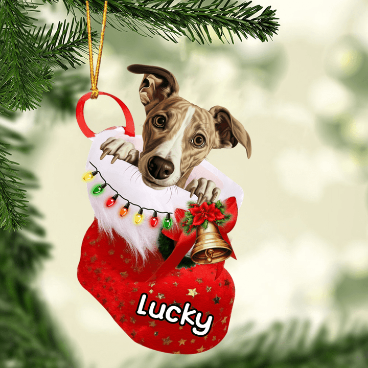 Customized Whippet Dog In Christmas Stocking Acrylic Ornament, Christmas Gifts Ornament for Dog Lover