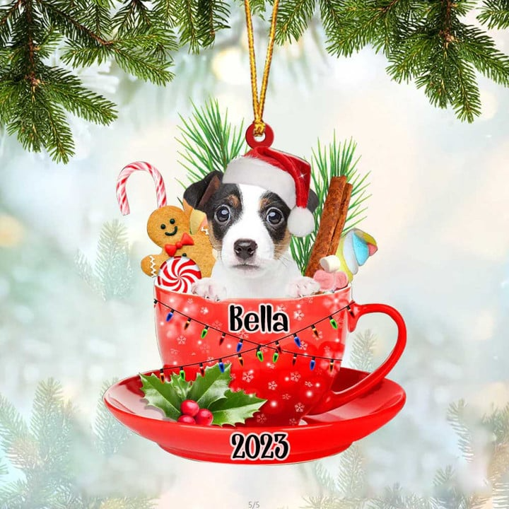 Customized Awesome Jack Russell Terrier Dog Santa Hat In Red Cup Acrylic Ornament, Christmas Gifts Ornament for Dog Lover