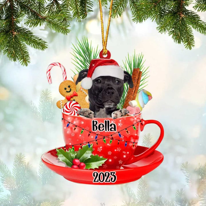 Customized Black American Staffordshire Terrier & Santa Hat In Red Cup Acrylic Ornament, Christmas Gifts Ornament for Dog Lover