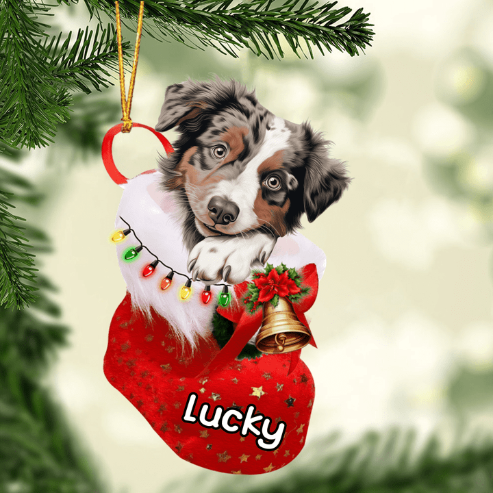 Personalized Australian Shepherd in Christmas Stocking Acrylic Ornament, Christmas Gifts Ornament for Dog Lover