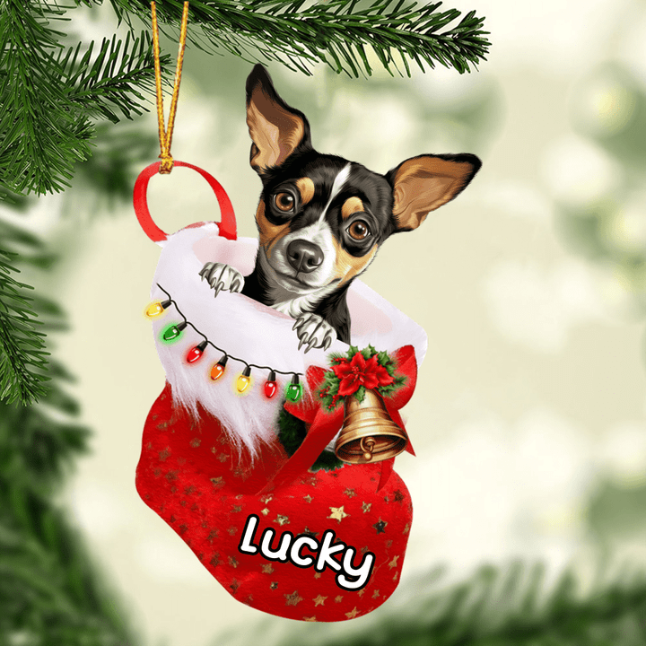 Customized Cute Rat Terrier Dog In Christmas Stocking Acrylic Ornament, Christmas Gifts Ornament for Dog Lover