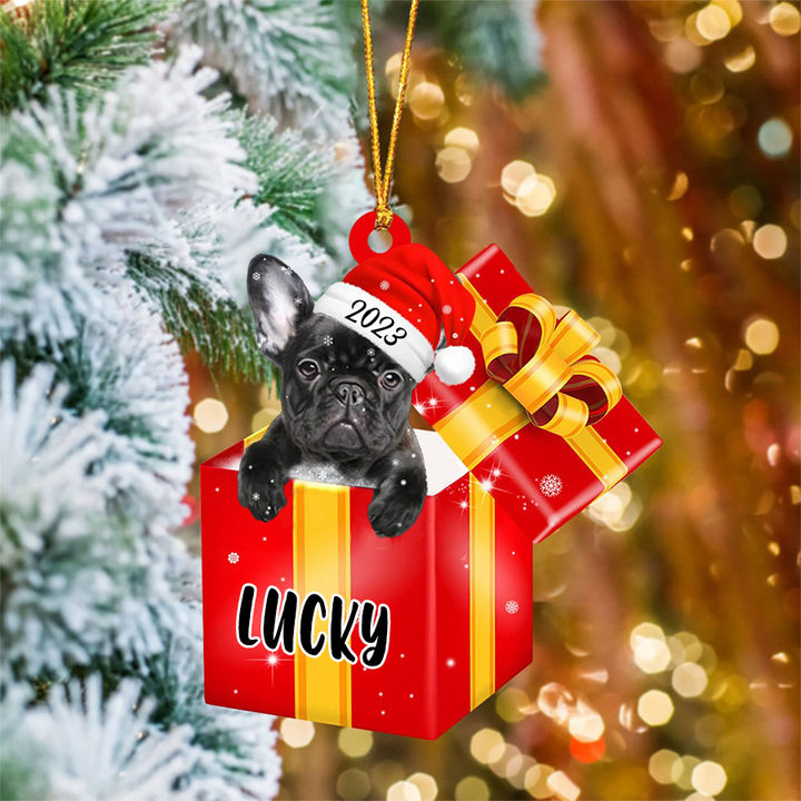 Custom Black French Bulldog In Red Gift Box Acrylic Ornament, Personalized Ornament Gifts For Christmas Dog Mom