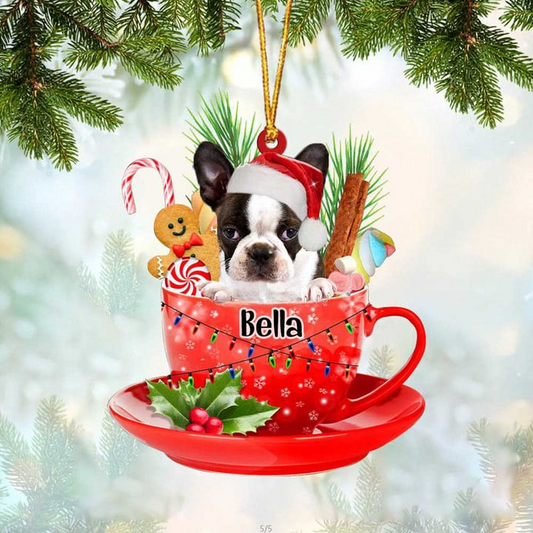 Customized Boston Terrier Dog Santa Hat In Red Cup Acrylic Ornament, Personalized Gifts For Christmas Dog Mom