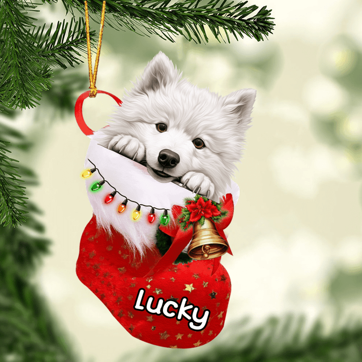 Customized Baby Samoyed Dog In Christmas Stocking Acrylic Ornament, Christmas Gifts Ornament for Dog Lover