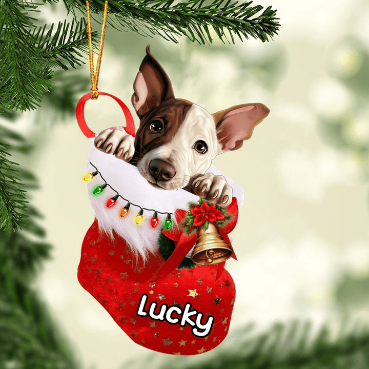 Customized Miniature Bull Terrier Dog In Christmas Stocking Acrylic Ornament, Christmas Gifts Ornament for Dog Lover