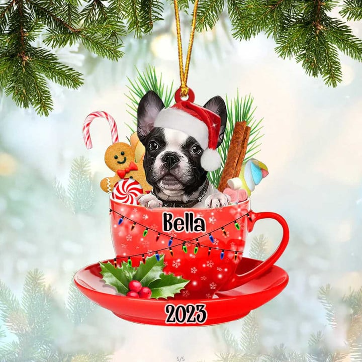 Customized Baby French Bulldog Santa Hat In Red Cup Acrylic Ornament, Christmas Gifts Ornament for Dog Lover