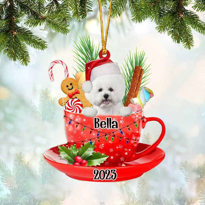 Customized Cute White Bichon Frise & Santa Hat In Red Cup Acrylic Ornament, Personalized Gifts For Christmas Dog Mom