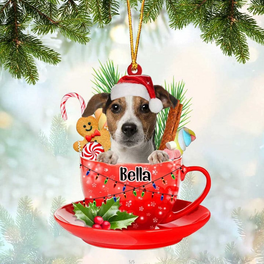 Customized Jack Russell Terrier Dog Santa Hat In Red Cup Acrylic Ornament, Personalized Gifts For Christmas Dog Mom