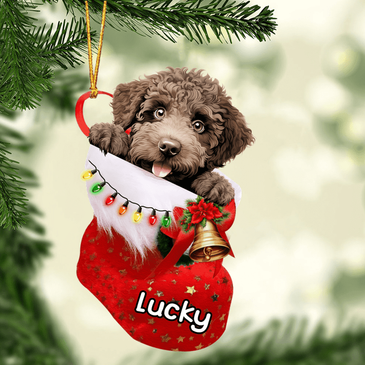 Customized Spanish Water Dog In Christmas Stocking Acrylic Ornament, Christmas Gifts Ornament for Dog Lover