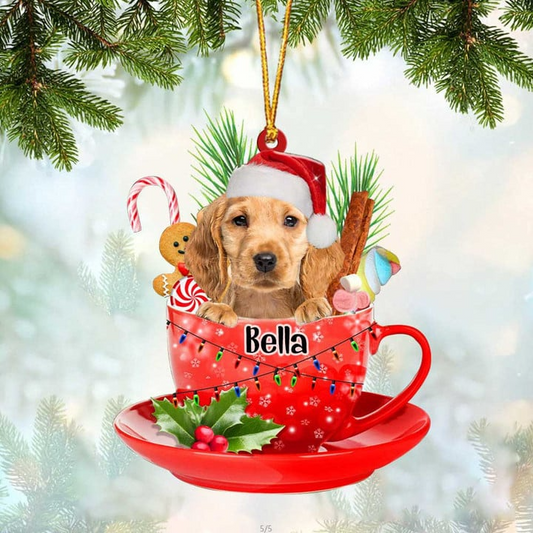 Customized Golden Cocker Spaniel & Santa Hat In Red Cup Acrylic Ornament, Personalized Gifts For Christmas Dog Mom