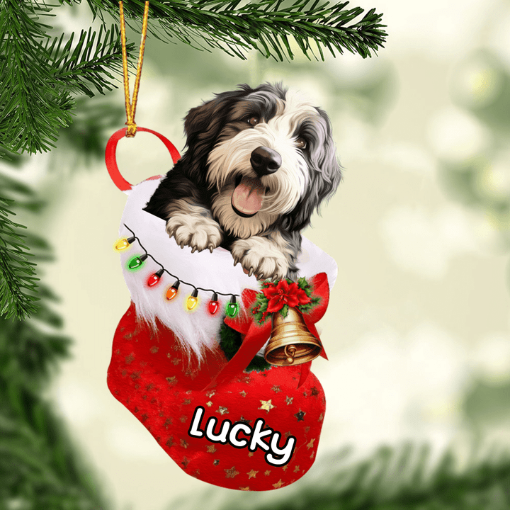 Customized Old English Sheepdog In Christmas Stocking Acrylic Ornament, Christmas Gifts Ornament for Dog Lover