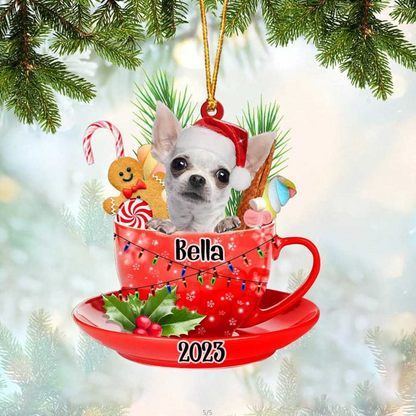 Customized White Chihuahua Dog In Cup Acrylic Christmas Ornament, Personalized Ornament Gifts For Christmas Dog Mom