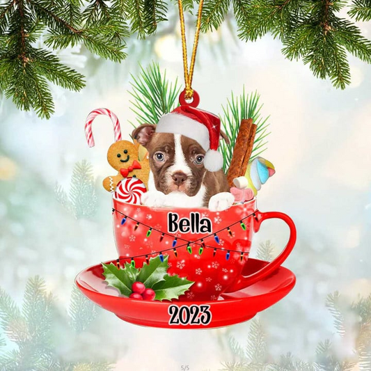 Customized Red Boston Terrier & Santa Hat In Red Cup Acrylic Ornament, Personalized Gifts For Christmas Dog Mom