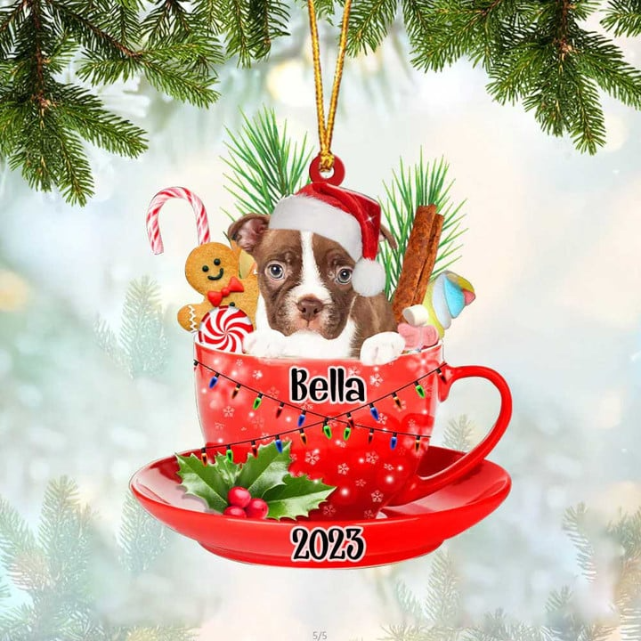 Customized Red Boston Terrier & Santa Hat In Red Cup Acrylic Ornament, Personalized Gifts For Christmas Dog Mom