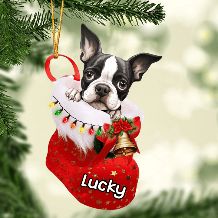 Personalized Boston Terrier In Christmas Stocking Acrylic Ornament, Christmas Gifts Ornament for Dog Lover