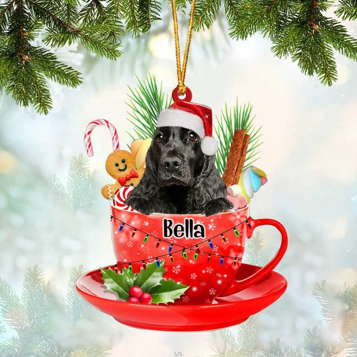 Customized Black English Cocker Spaniel Dog Santa Hat In Red Cup Acrylic Ornament, Personalized Gifts For Christmas Dog Mom