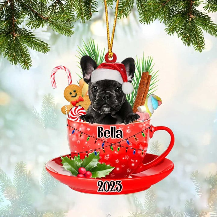 Customized White Miniature Schnauzer Dog Santa Hat In Red Cup Acrylic Ornament, Personalized Ornament Gift For Christmas