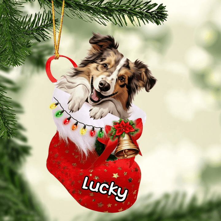 Customized Shetland Sheepdog Dog In Christmas Stocking Acrylic Ornament, Christmas Gifts Ornament for Dog Lover