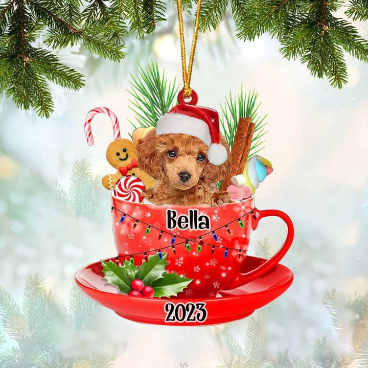 Customized Red Toy Poodle & Santa Hat In Red Cup Acrylic Ornament, Personalized Gifts For Christmas Dog Mom