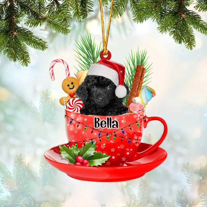 Customized Black Toy Poodle & Santa Hat In Red Cup Acrylic Ornament, Personalized Gifts For Christmas Dog Mom