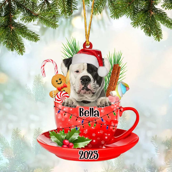 Customized Cute American Bulldog Dog Santa Hat In Red Cup Acrylic Ornament, Christmas Gifts Ornament for Dog Lover