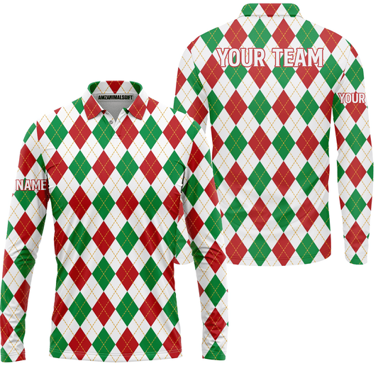 Christmas Plaid Argyle Pattern Golf Long Sleeve Polo Shirt New- Custom Name Apparel - Personalized Gift For Golf Lover, Team
