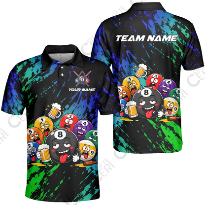Customized 8 And 9 Ball Pool Unisex Polo Shirt Drunk 8 Ball Holding Beer Billiard Jerseys Custom Name And Team Name