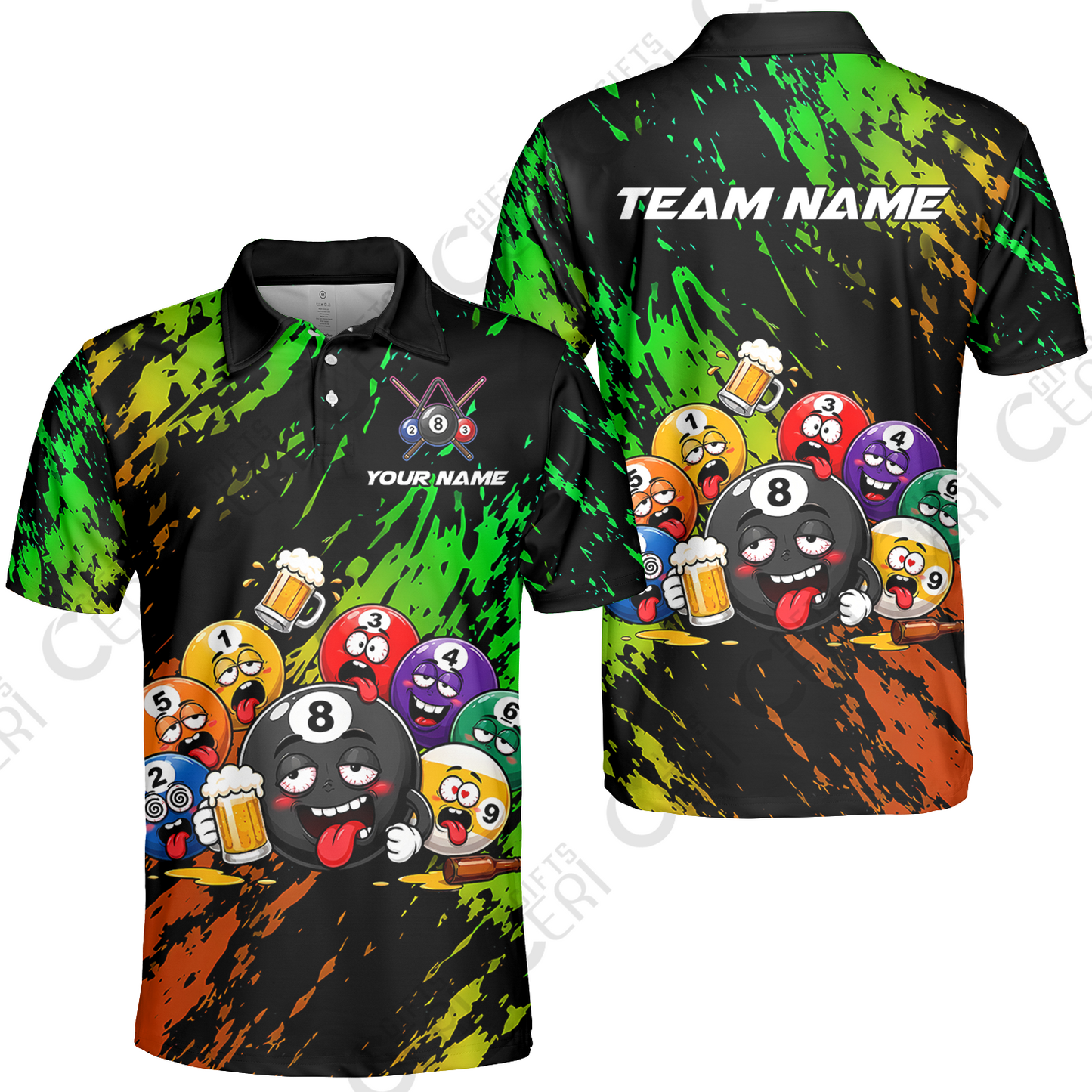 Customized 8 And 9 Ball Pool Unisex Polo Shirt Drunk 8 Ball Holding Beer Billiard Jerseys Custom Name And Team Name