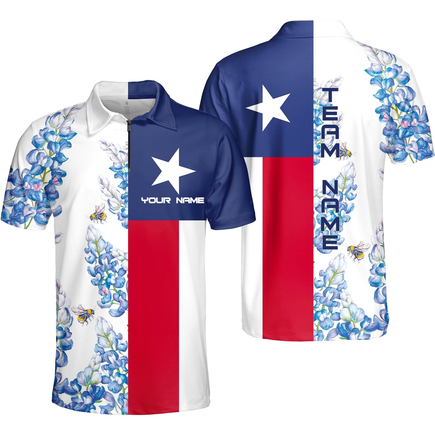 Texas Flag Bluebonnets Zip Polo Shirt For Golf, Floral Texas Flag Polo Shirt, Texas Proud Shirt For Men - Perfect Gift For Men, Golfers