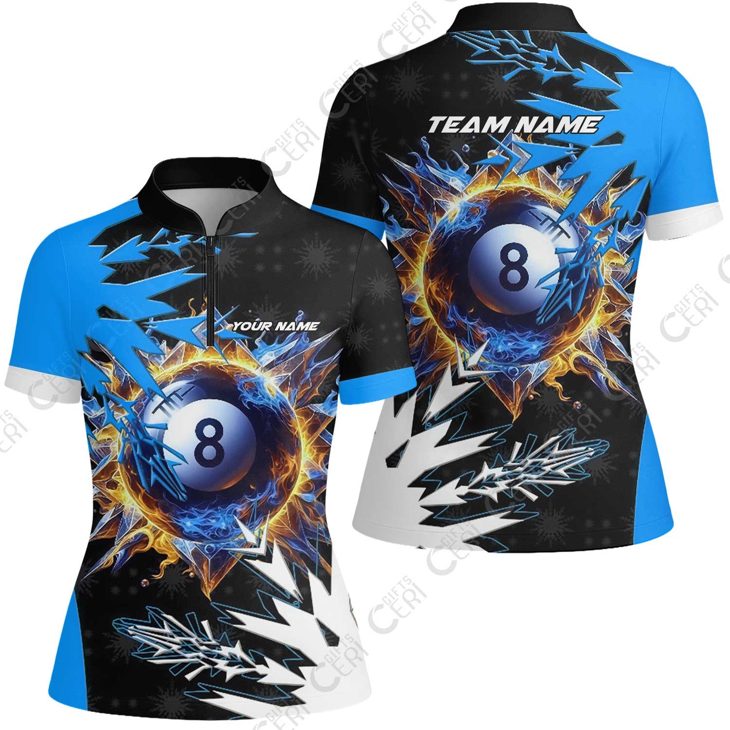 Customized Billiards Stand Collar Quarter Zip Short Sleeve Women's Shirt, Personalized Frostfire 8 Ball Jersey Gift For Billiard Players