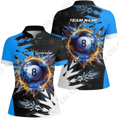 Customized Billiards Stand Collar Quarter Zip Short Sleeve Women's Shirt, Personalized Frostfire 8 Ball Jersey Gift For Billiard Players