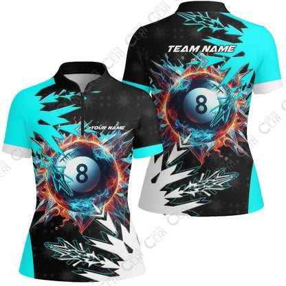 Customized Billiards Stand Collar Quarter Zip Short Sleeve Women's Shirt, Personalized Frostfire 8 Ball Jersey Gift For Billiard Players