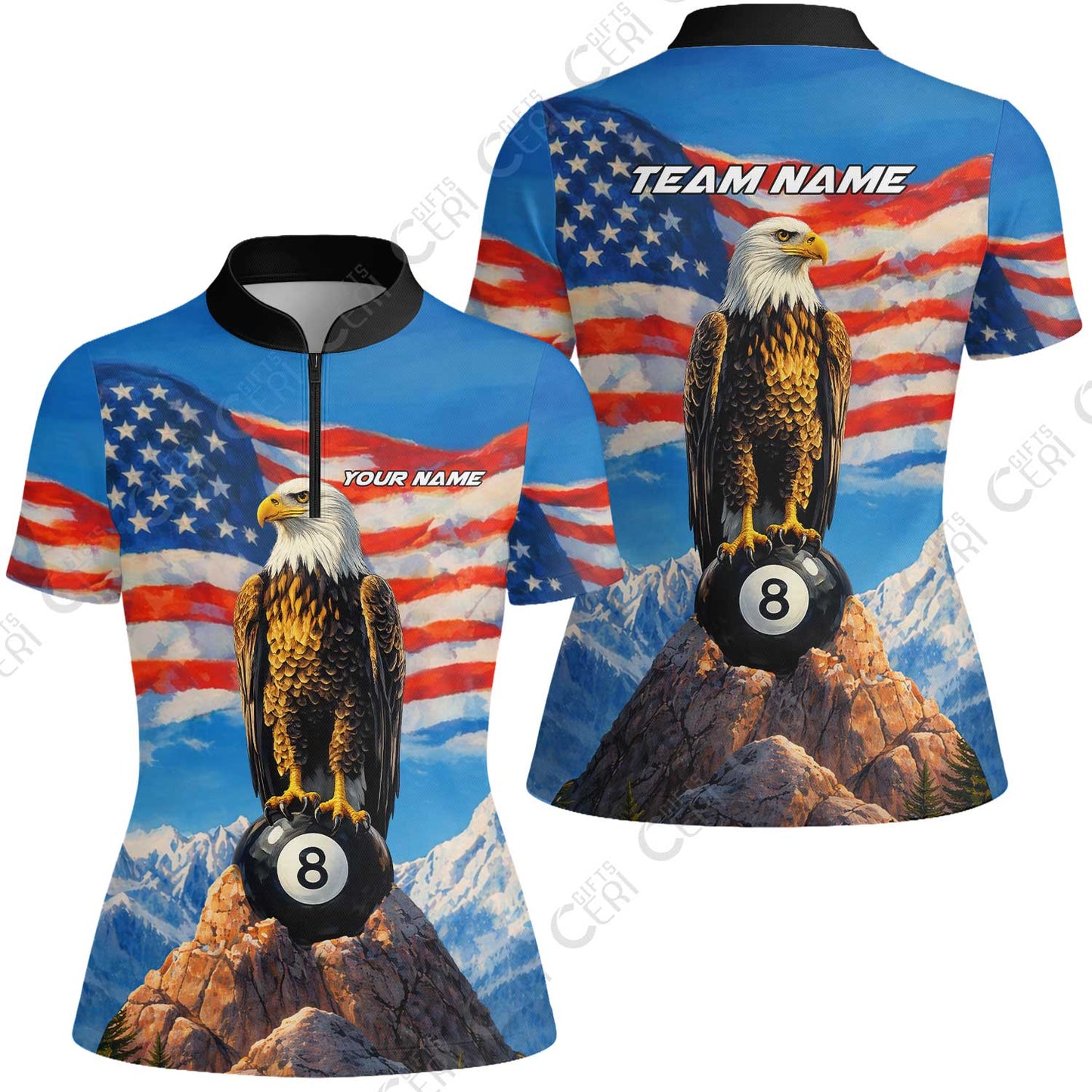 Customized Billiards Stand Collar Quarter Zip Short Sleeve Women's Shirt, Personalized American Flag With Eagle 8 Ball Jersey Gift For Billiard Players