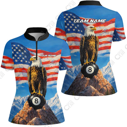 Customized Billiards Stand Collar Quarter Zip Short Sleeve Women's Shirt, Personalized American Flag With Eagle 8 Ball Jersey Gift For Billiard Players