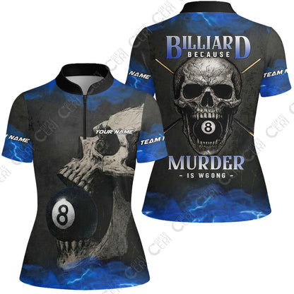 Customized Billiards Stand Collar Quarter Zip Short Sleeve Women's Shirt, Personalized Death Break 8 Ball Jersey Gift For Billiard Players