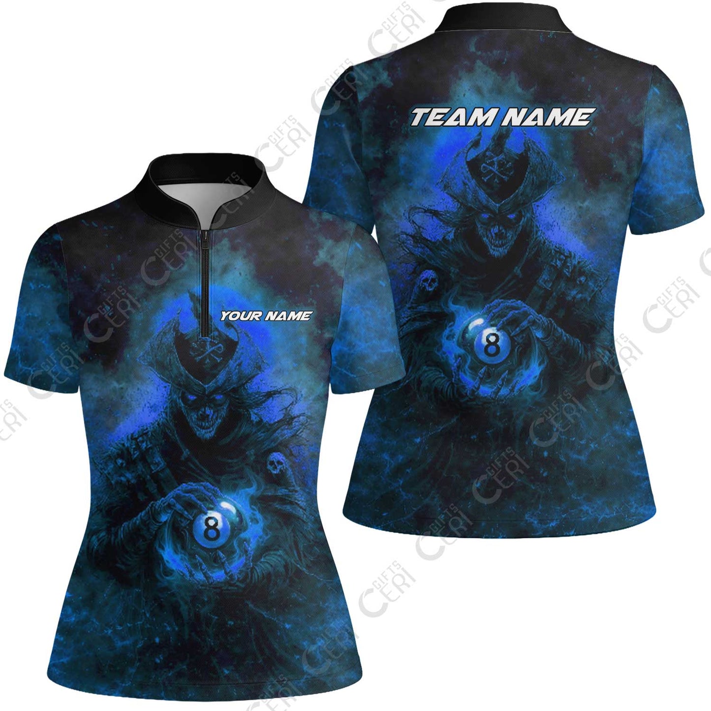 Customized Billiards Stand Collar Quarter Zip Short Sleeve Women's Shirt, Personalized Ghost Captains 8 Ball Jersey Gift For Billiard Players