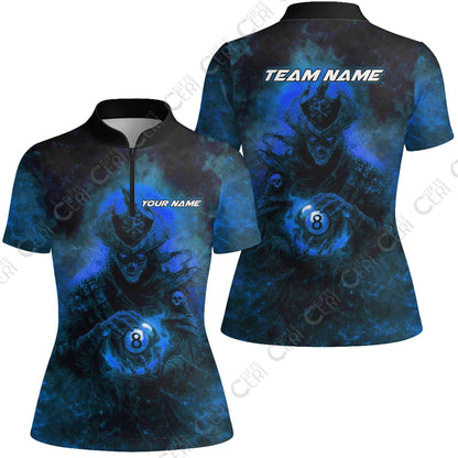 Customized Billiards Stand Collar Quarter Zip Short Sleeve Women's Shirt, Personalized Ghost Captains 8 Ball Jersey Gift For Billiard Players