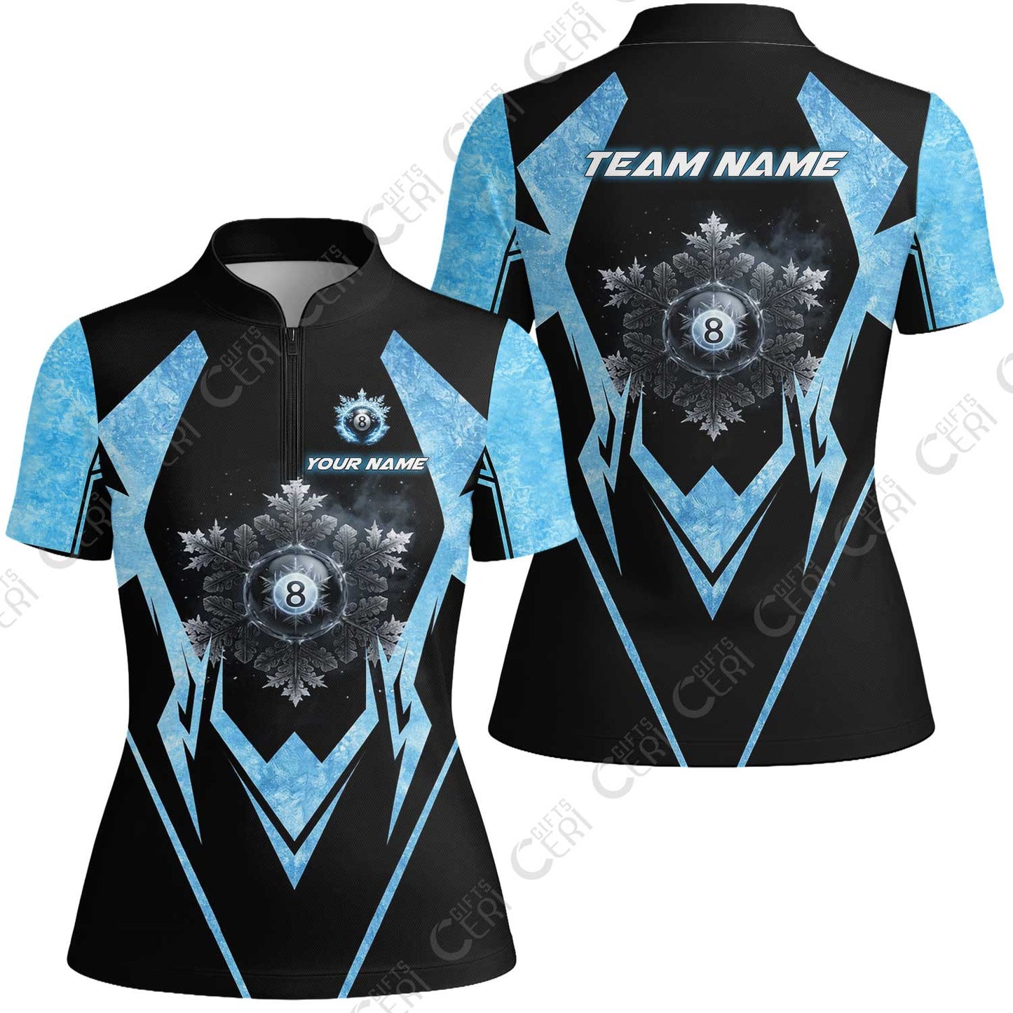 Customized Billiards Stand Collar Quarter Zip Short Sleeve Women's Shirt, Personalized Ice Break 8 Ball Jersey Gift For Billiard Players