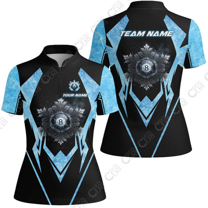 Customized Billiards Stand Collar Quarter Zip Short Sleeve Women's Shirt, Personalized Ice Break 8 Ball Jersey Gift For Billiard Players