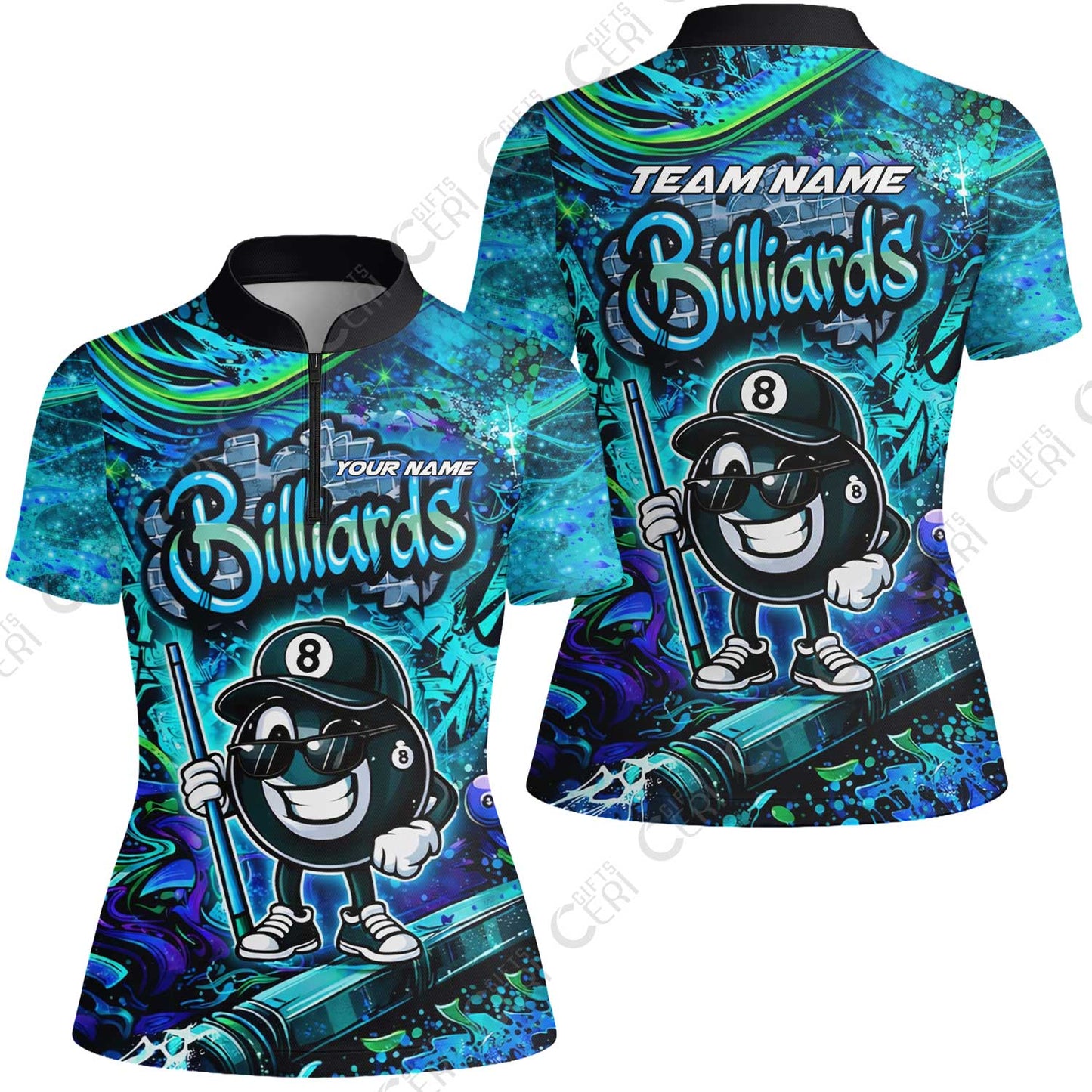 Customized Billiards Stand Collar Quarter Zip Short Sleeve Women's Shirt, Personalized Street Graffiti 8 Ball Jersey Gift For Billiard Players