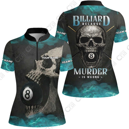 Customized Billiards Stand Collar Quarter Zip Short Sleeve Women's Shirt, Personalized Death Break 8 Ball Jersey Gift For Billiard Players