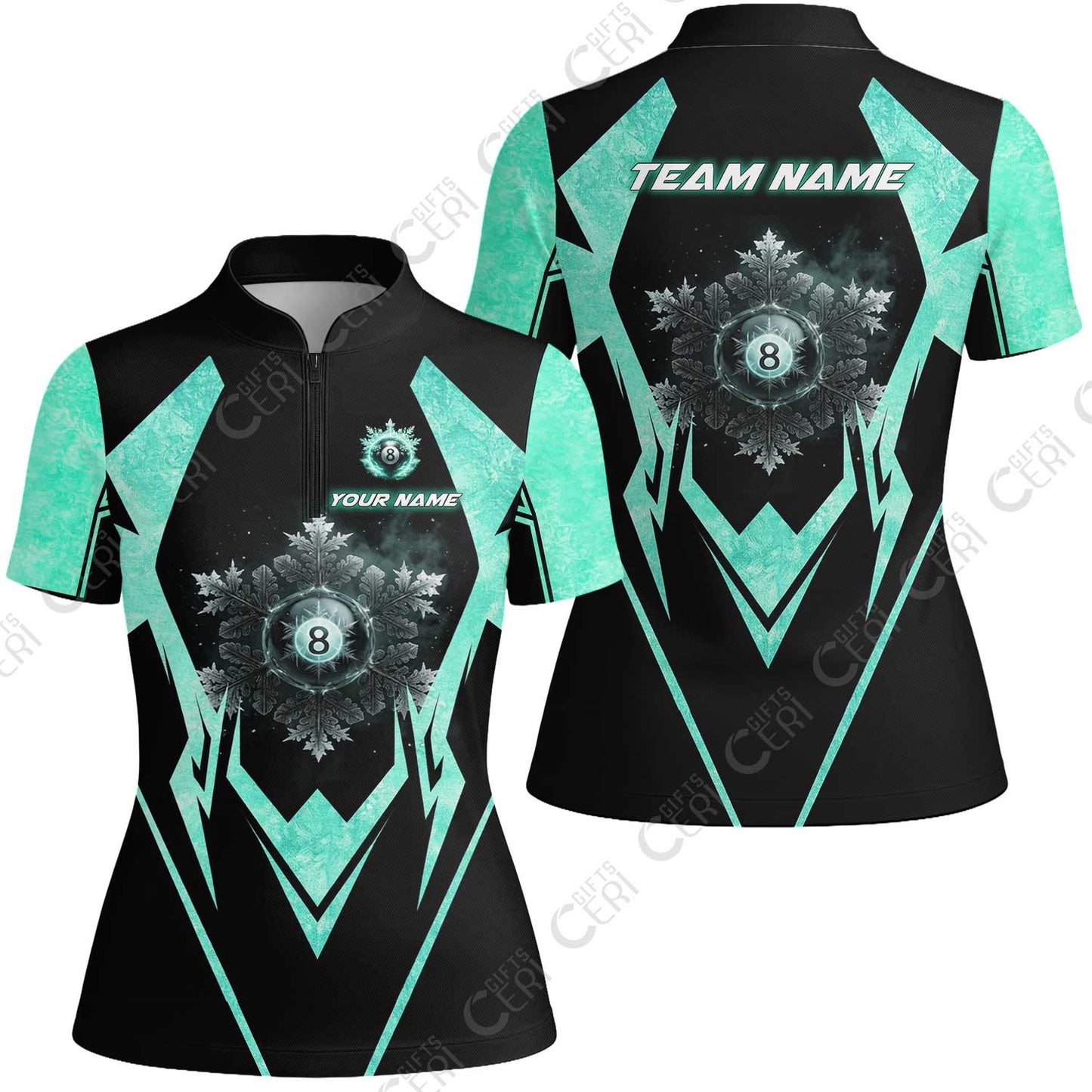 Customized Billiards Stand Collar Quarter Zip Short Sleeve Women's Shirt, Personalized Ice Break 8 Ball Jersey Gift For Billiard Players